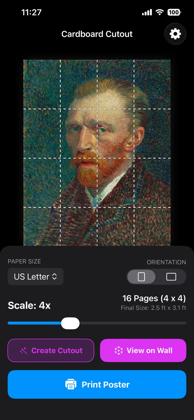 The main Cardboard Cutout screen showing a painting split into a four-by-four grid of pages, with a scale slider reading 16 Pages and a final size of 2.5 by 3.1 feet.