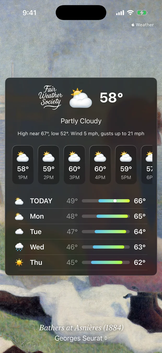 The app showing Partly Cloudy at 58 degrees over Seurat&rsquo;s Bathers at Asnières from 1884.