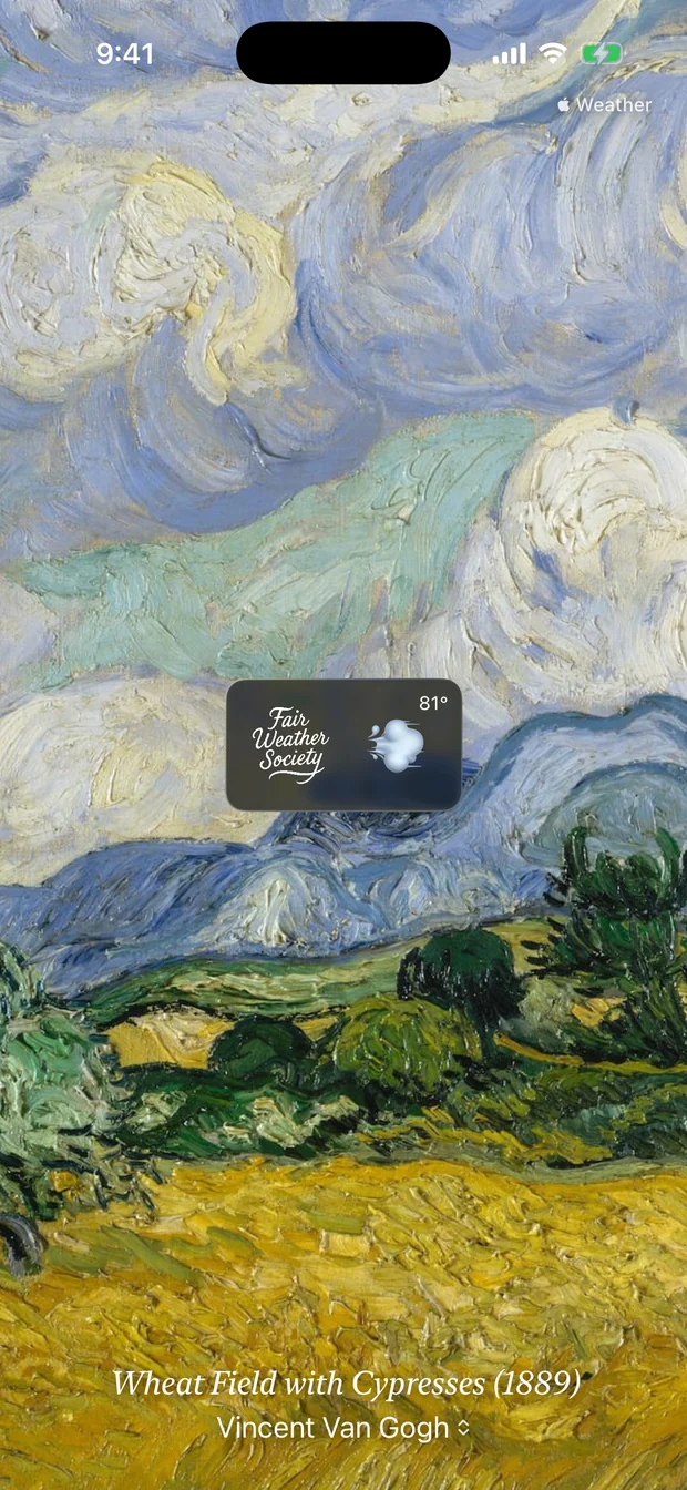 The app with the forecast panel hidden, showing Van Gogh&rsquo;s Wheat Field with Cypresses from 1889 filling the whole screen.