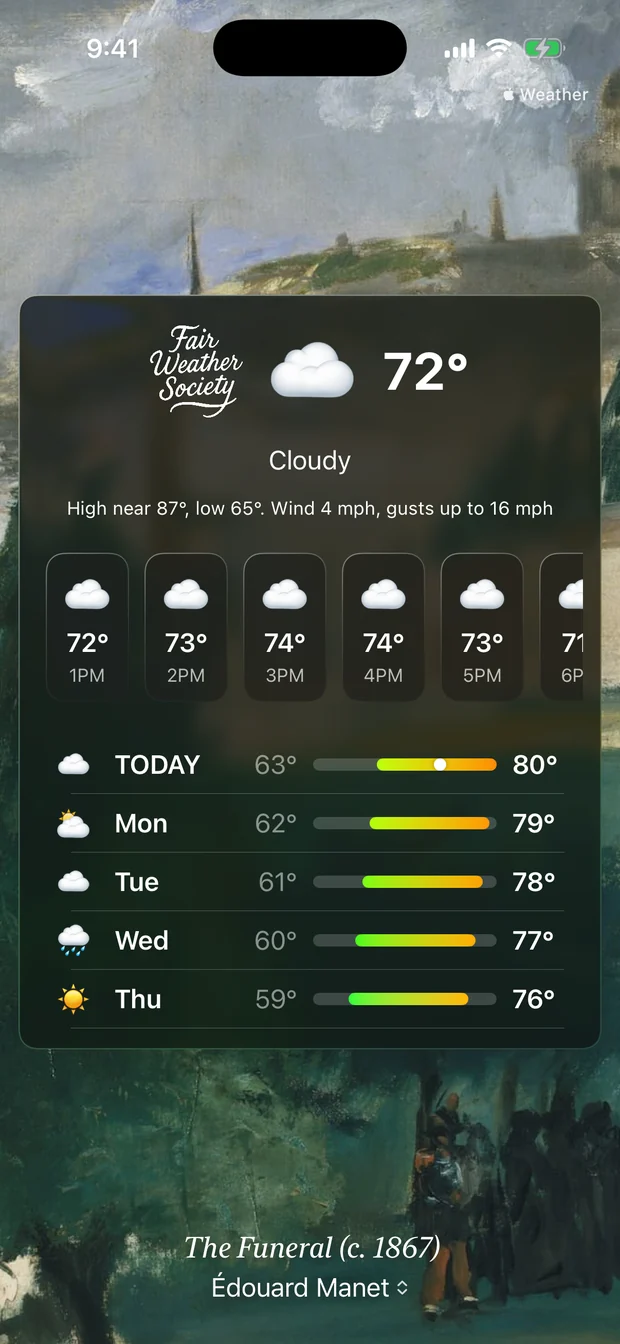 The app showing Cloudy at 72 degrees over Manet&rsquo;s The Funeral from around 1867.