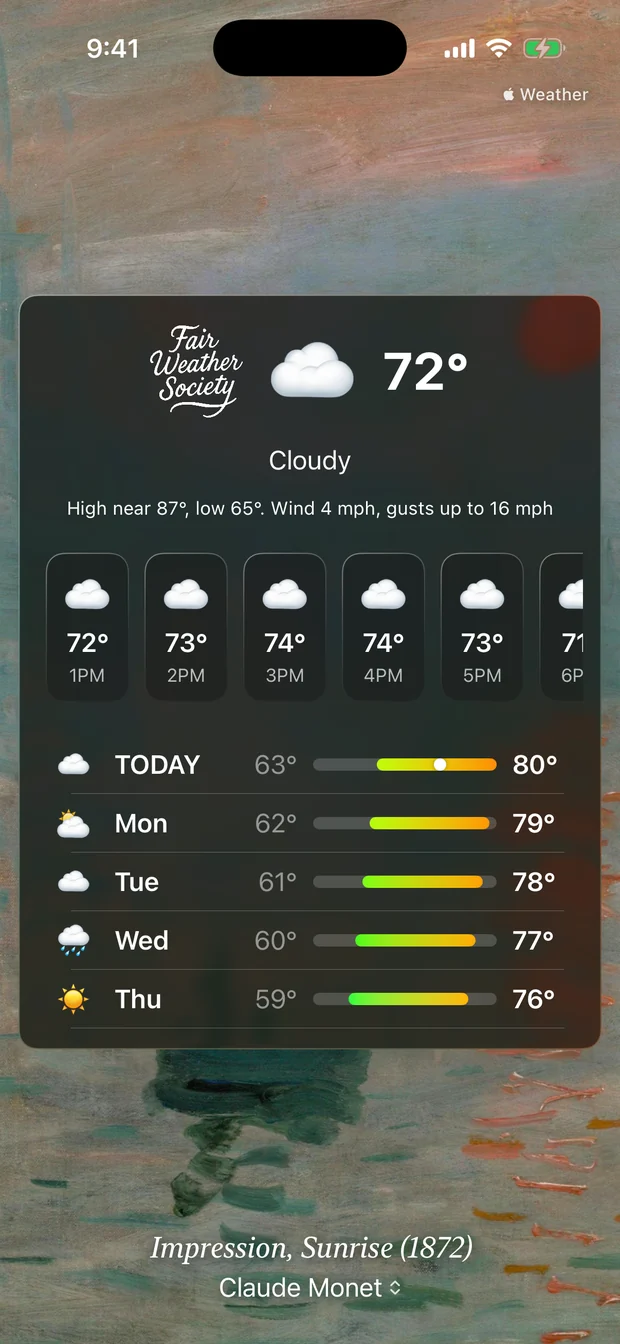 The app showing Cloudy at 72 degrees over Monet&rsquo;s Impression, Sunrise from 1872.