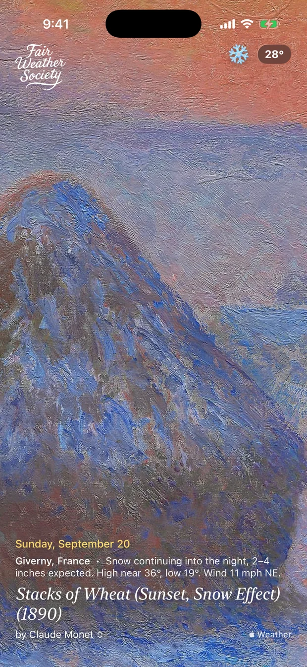 The app in its postcard layout showing Snow at 28 degrees over Monet&rsquo;s Stacks of Wheat, Sunset, Snow Effect from 1890, with the date, location and forecast along the bottom of the screen.