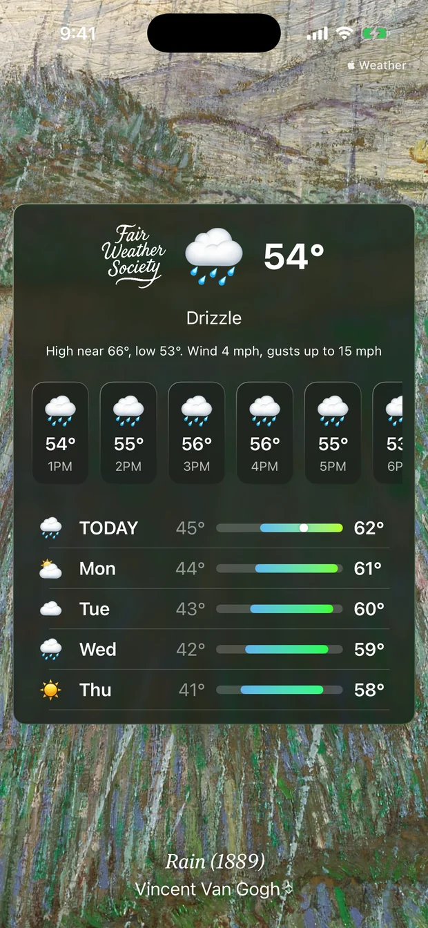 The app showing Drizzle at 54 degrees over Van Gogh&rsquo;s painting Rain from 1889, with an hourly forecast and a ten-day outlook.