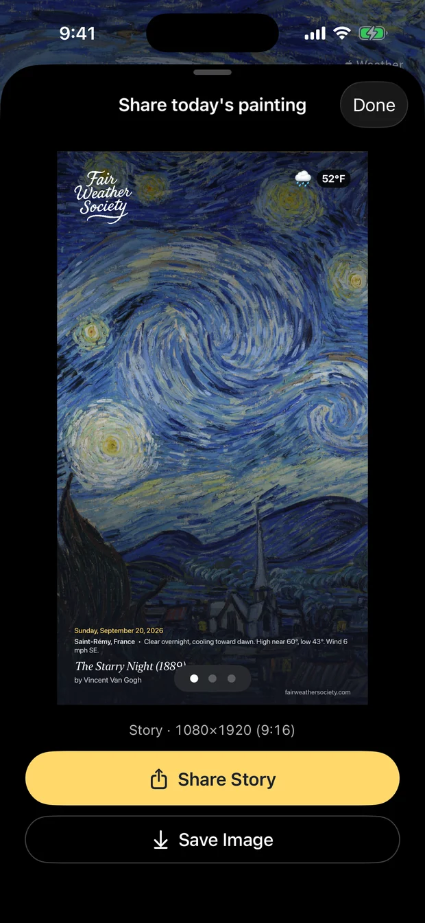 The share sheet showing a story-sized image of Van Gogh&rsquo;s The Starry Night from 1889 with the temperature and painting credit, above buttons to share or save it.