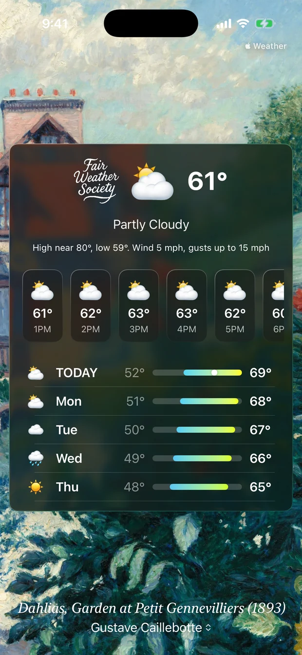The app showing Partly Cloudy at 61 degrees over Caillebotte&rsquo;s Dahlias, Garden at Petit Gennevilliers from 1893.