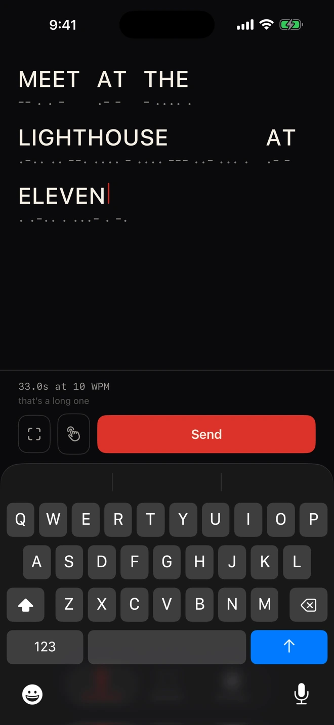 Flashback compose screen showing a message with Morse code beneath each word