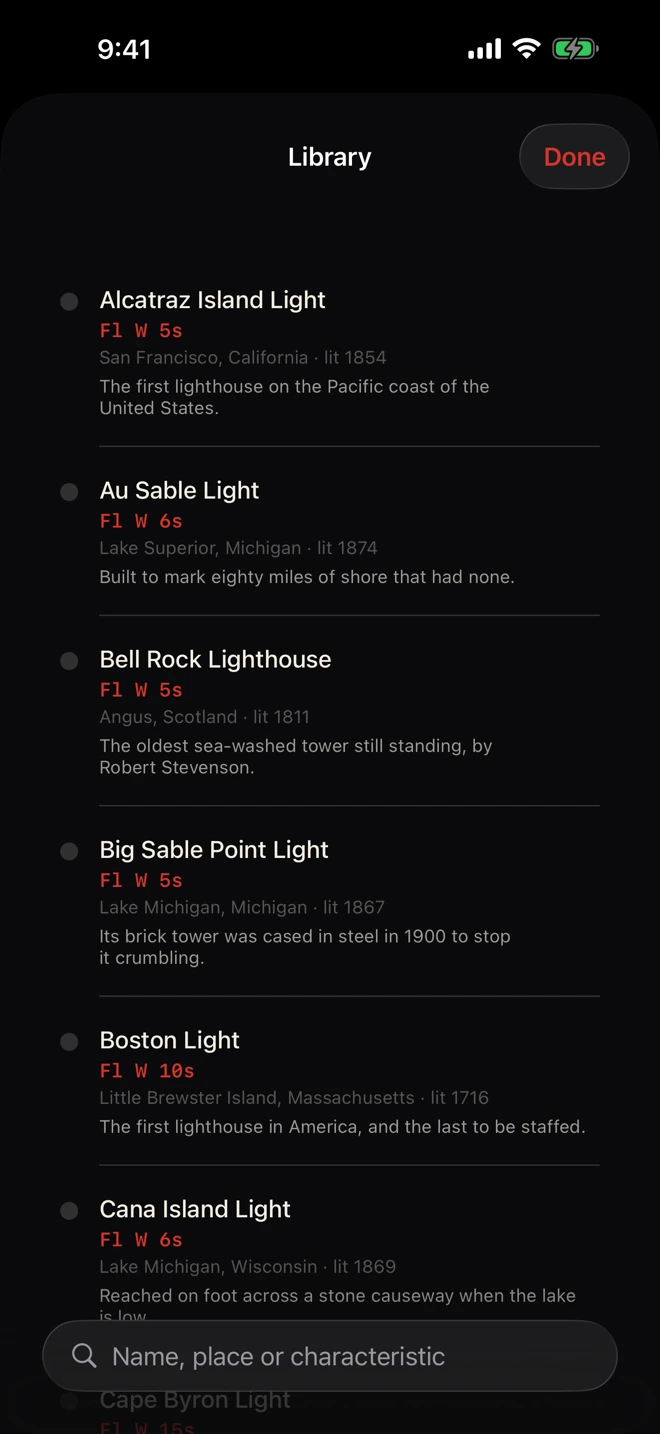 Flashback library of lighthouse characteristics