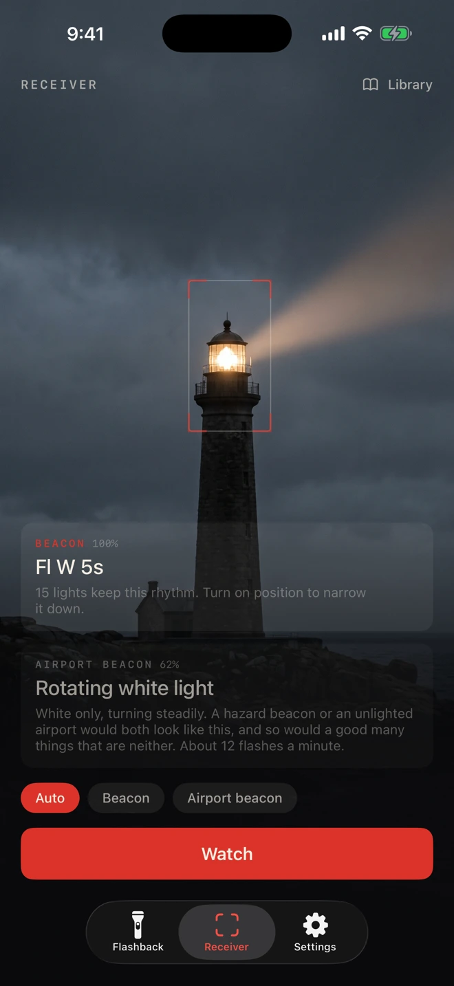 The Receiver reading a lighthouse, showing Fl W 5s and how many lights keep that rhythm.