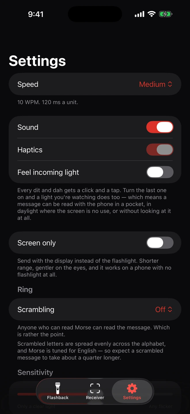 Flashback settings screen