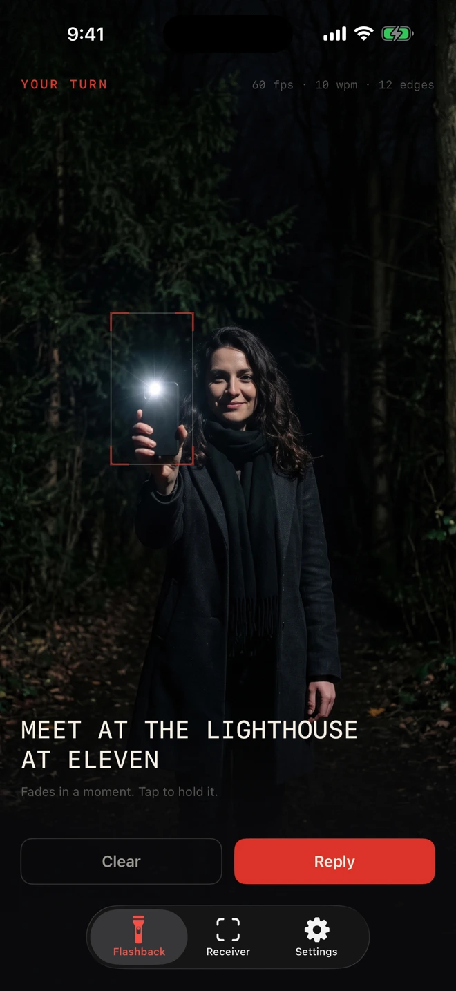 Flashback watching for a reply: someone signaling with a phone flashlight in the dark, the reticle on their light, and the decoded message reading MEET AT THE LIGHTHOUSE AT ELEVEN.