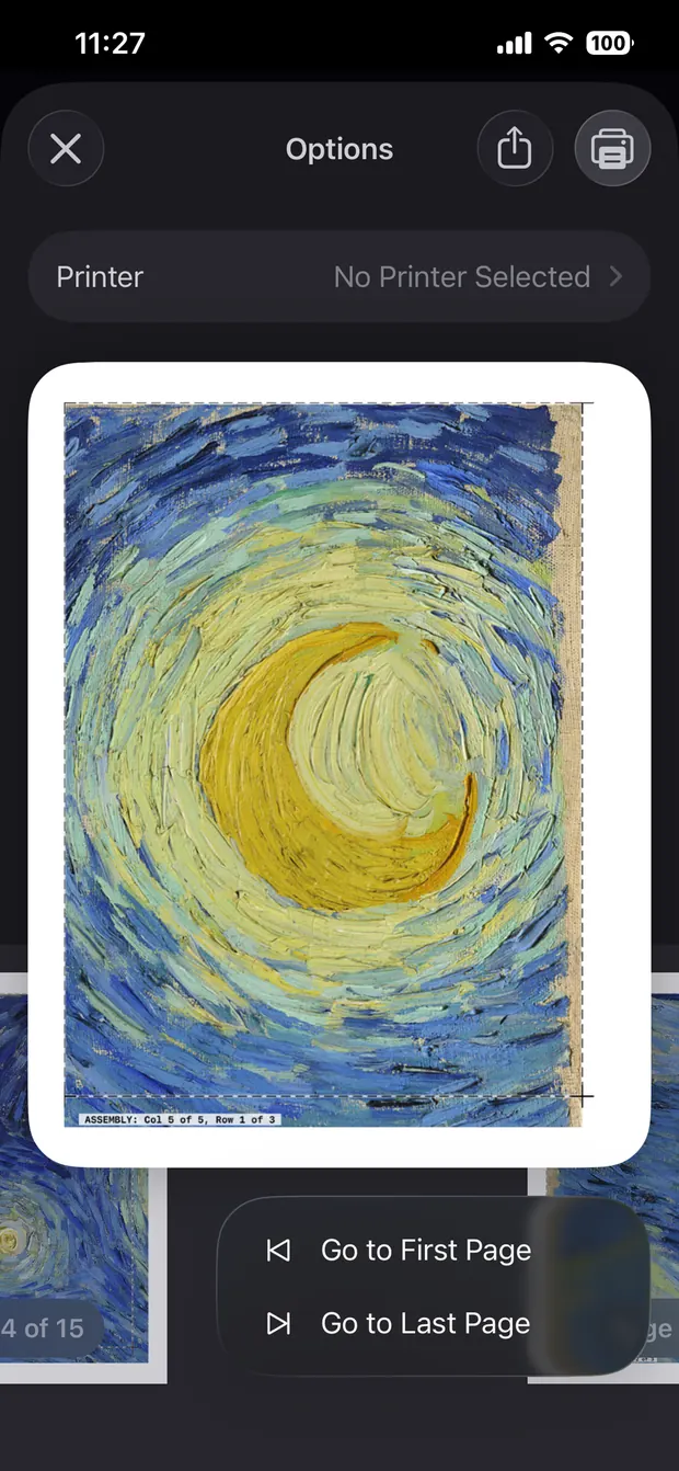A single page previewed in the iOS print sheet, with a dashed trim line around the artwork and a small label along the bottom edge reading ASSEMBLY: Col 5 of 5, Row 1 of 3.