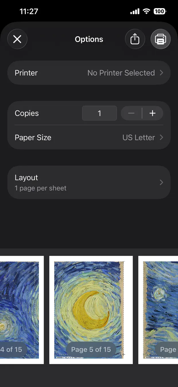 The iOS print sheet showing printer options and thumbnails of page 4 and page 5 of 15.