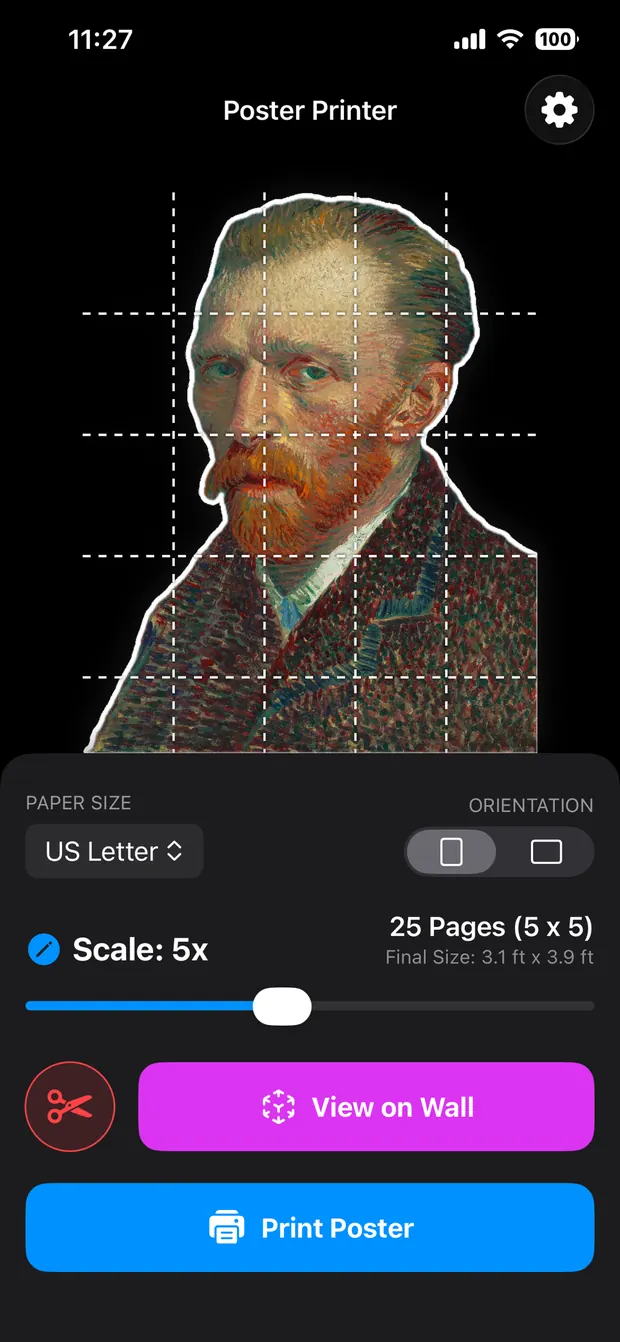 A Van Gogh self-portrait with the background removed and a dotted cut line around it, tiled across 25 pages.
