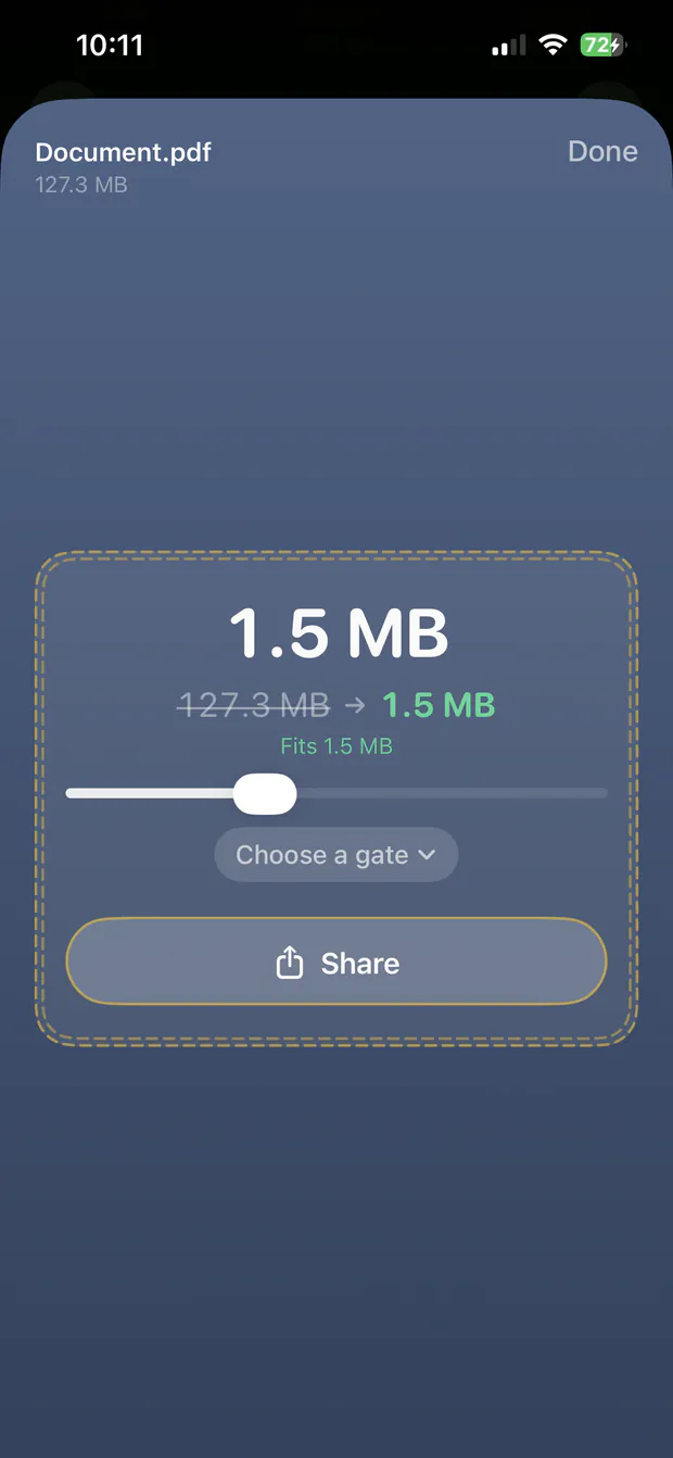 The same share sheet after compressing: 127.3 MB struck through with an arrow to 1.5 MB in green, the words “Fits 1.5 MB” beneath, and the button now reading Share.